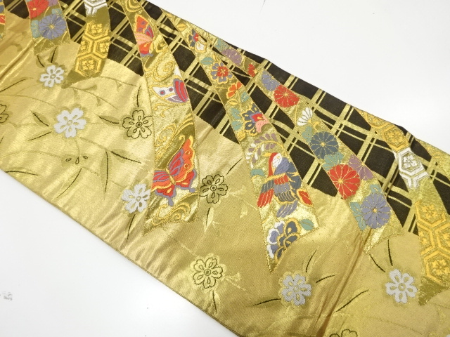 JAPANESE KIMONO / FUKURO OBI FOR FURISODE / SILK / WOVEN NOSHI & WEEPING SAKURA & BUTTERFLY & MANDARIN DUCKS
